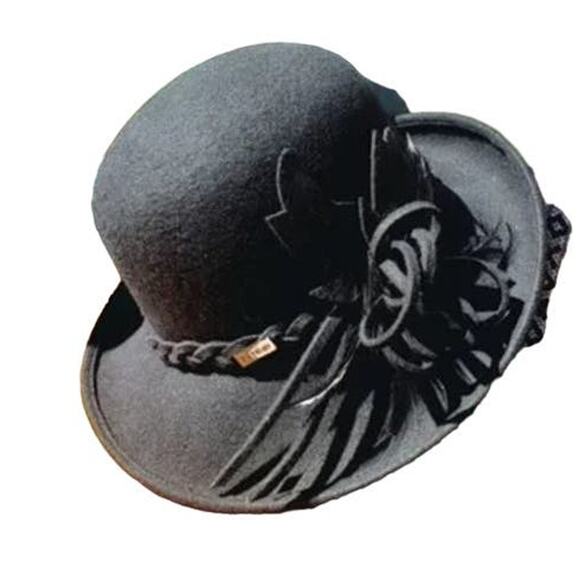 Vintage NEW Womens Black Derby Bowler Hat Wool Braided Band Feathers & Flowers - Picture 1 of 6